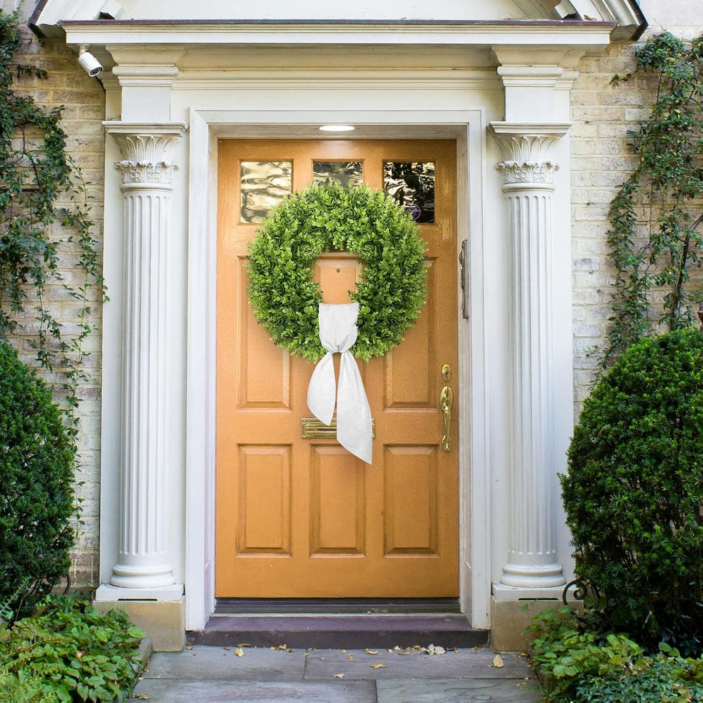 Vlorart 20" Faux Boxwood Wreath - Large Artificial Greenery with Plaid Bow for Door & Wedding Decor