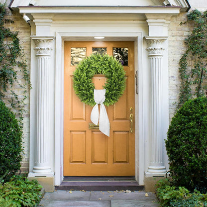 Vlorart 20" Faux Boxwood Wreath - Large Artificial Greenery with Plaid Bow for Door & Wedding Decor
