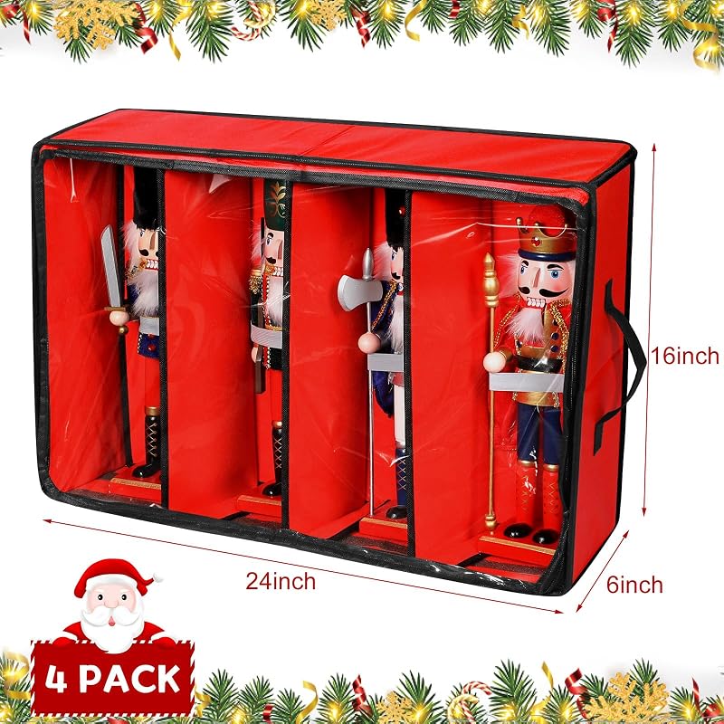 4 Pack Christmas Nutcracker Storage Box with Clear Top - Red & Bottle Green