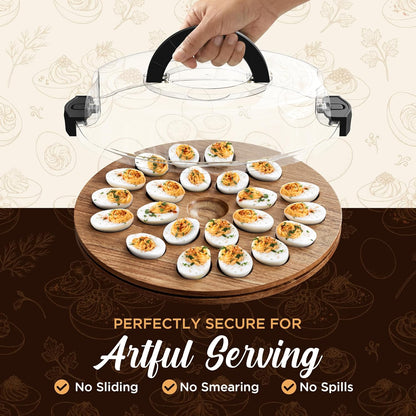 Trauful Deviled Egg Carrier - Reversible Wooden Container with Lid & Handle | Holds 22 Eggs, Acacia Wood