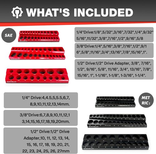 EACELIY Magnetic Socket Organizer Set - 6-Piece Holder for 1/2", 1/4", & 3/8" Sockets | Deep & Shallow Storage