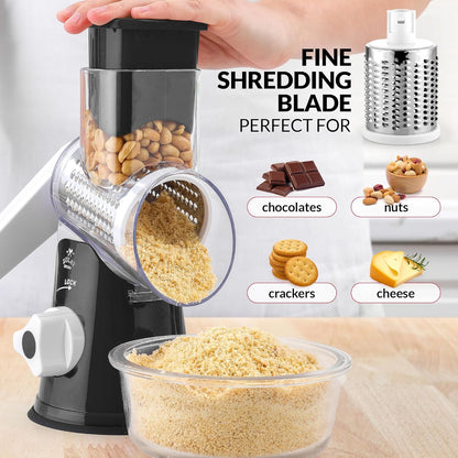 Zulay Rotary Cheese Grater - Manual Hand Crank Shredder with 3 Blades & Reinforced Suction - Black