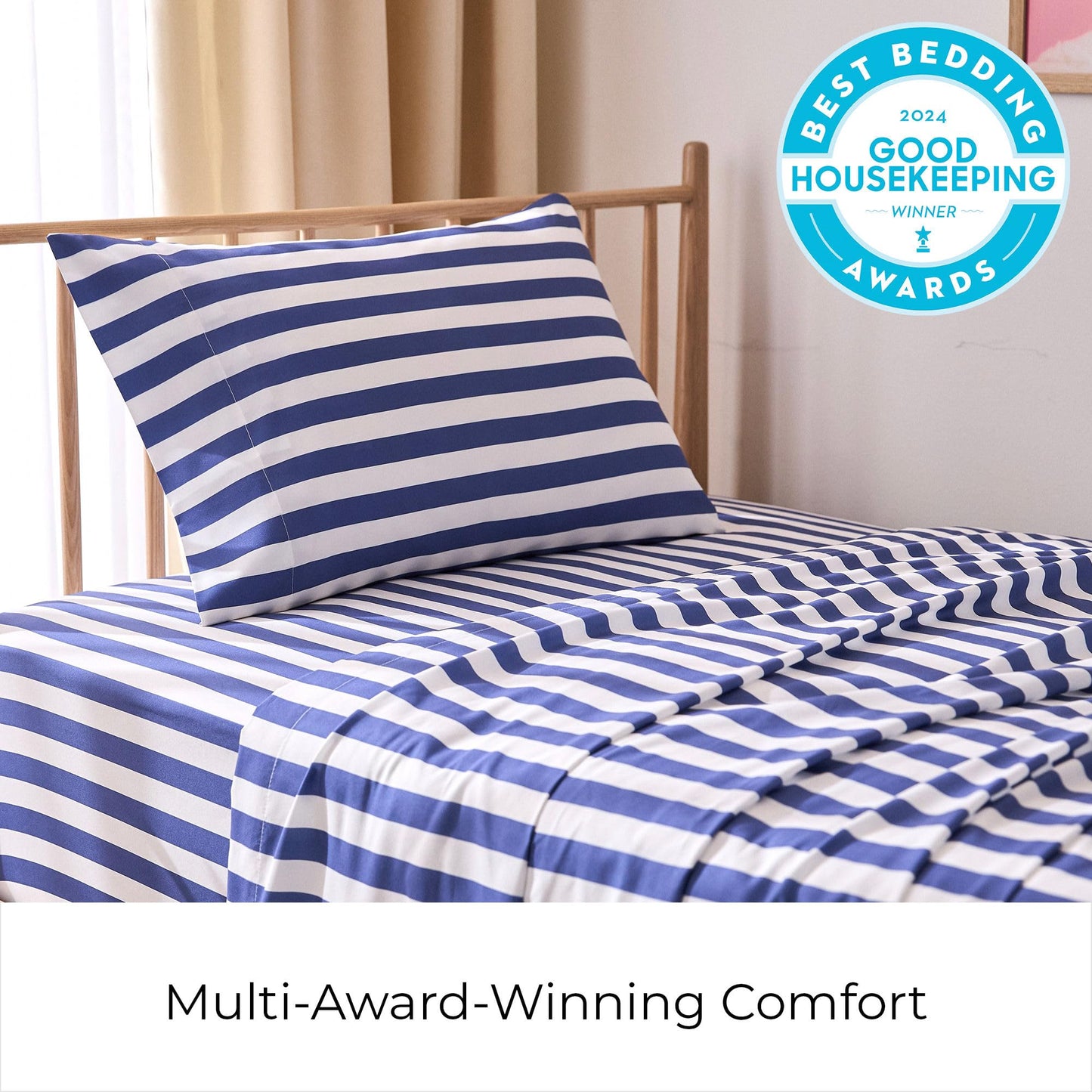 Mellanni Twin Sheets Set - 3 PC Iconic Collection Bedding - Hotel Luxury, Extra Soft, Cooling Bed Sheets - Wrinkle, Fade, Stain Resistant (Twin, Oxford Stripe Blue Nova)