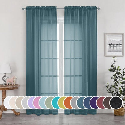 OWENIE Teal Sheer Curtains 84 inches Long 2 Panels Set, Light Filtering Rod Pocket Fimly Sheer Curtains with Soft Touch for Bedroom Living Room, Dusty Blue Farmhouse Curtains, Each 42Wx84L inch
