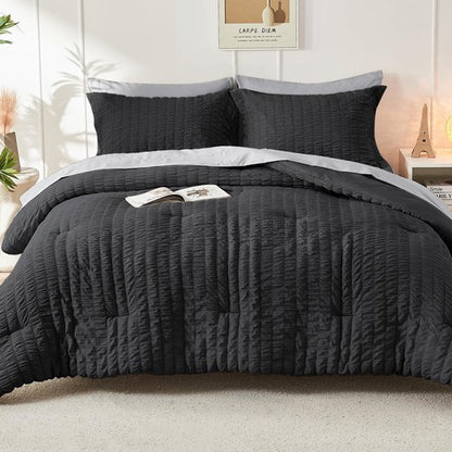 HYMOKEGE Black/Light Grey Twin XL Comforter Set Seersucker 5 Pieces, All Season Luxury Bed in a Bag for Bedroom, Bedding Set with Comforter, Sheets, Pillowcase & Sham