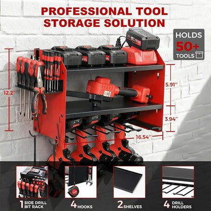 Power Tool Organizer - Heavy Duty Wall Mount with Charging Station & 4 Drill Holders | Red