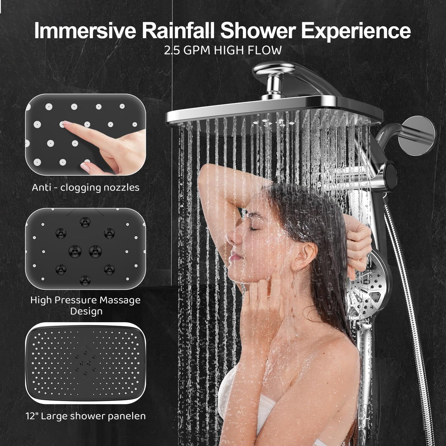Rain Shower Head with Handheld High Pressure rainfall Shower Heads with Handheld Spray Combo Adjustable one-piece stand daul shower head Built-in Magnetic Docking and Power Jets-silver