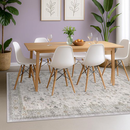 Hazo Haus Boho Light Grey Area Rug - Modern Floral Design, Washable Low Pile 7x9 for Living Room & Dining Room