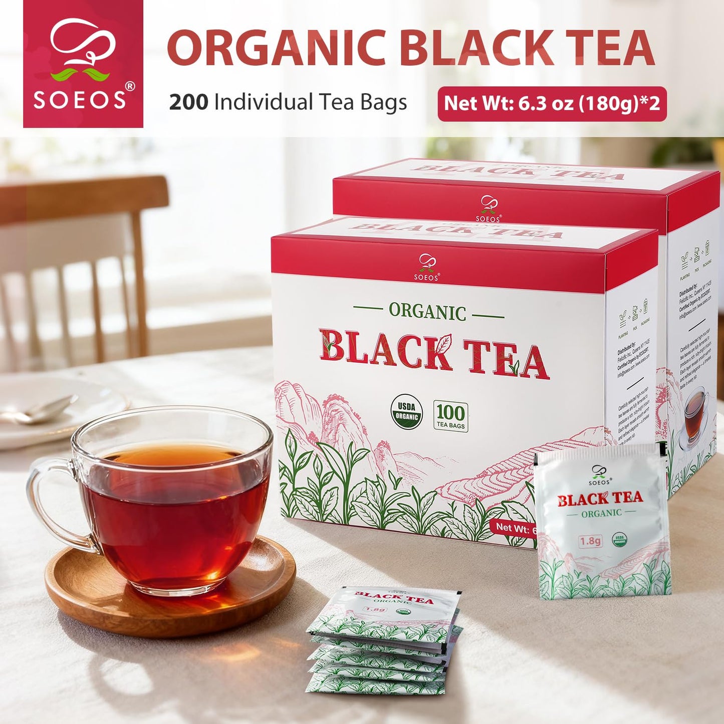 Soeos Organic Black Tea Bags - Bold Aroma & Smooth Flavor | 6.3oz (180g) Pack of 2