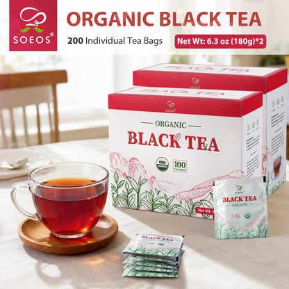 Soeos Organic Black Tea Bags - Bold Aroma & Smooth Flavor | 6.3oz (180g) Pack of 2