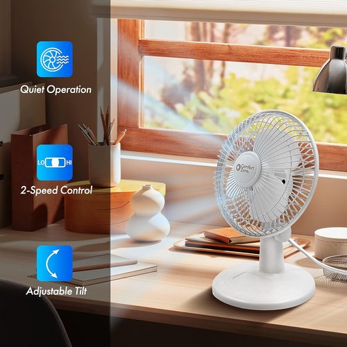 Comfort Zone CZ6D 6" Quiet Portable Desk Fan - 2-Speed with Clip & Adjustable Tilt | White