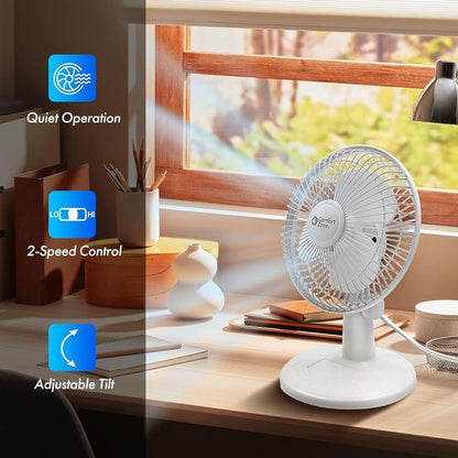 Comfort Zone CZ6D 6" Quiet Portable Desk Fan - 2-Speed with Clip & Adjustable Tilt | White