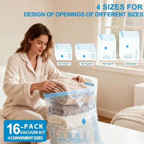 ANBIUX Vacuum Bags for Travel - 16 Pack Compression Packing Bags with Rechargeable Air Pump | Carry-On Size for Luggage