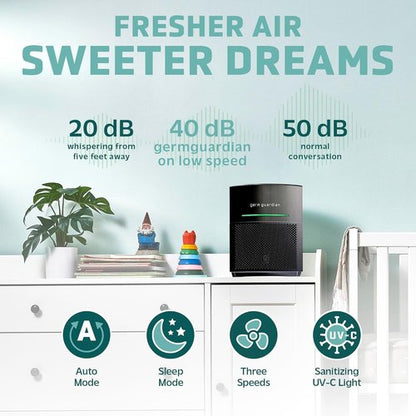 GermGuardian Airsafe+ HEPA Air Purifier - Ideal for Large Rooms Up to 1043 Sq. Ft. | Black with UV-C Light & Sensor