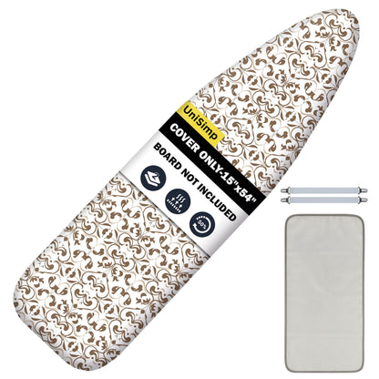 UniSimp Ironing Board Cover and Pad 15"x54" Extra Thick Natural Cotton, Scorch and Stain Resistant Padding, Standard Size Iron Board Cover with Fasteners Heavy Duty Elastic Edge, Heatproof Taupe