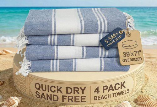 LANE LINEN Beach Towels 4 Pack Oversized - Turkish Towel Set, Pre-Washed Oversized Beach Towel, Quick Dry Beach Towels for Travel, Beach Towel Large, Sand Free Towel,39"x71" - Forever Blue