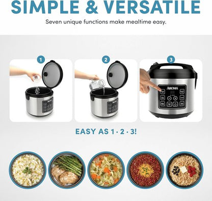 Aroma Housewares Digital Rice Cooker - 20 Cup Capacity, Slow Cooker & Food Steamer, Stainless Steel Exterior, Black