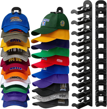 Skiennix Hat Hook Organizer - Holds Up to 20 Hats | Strong Adhesive & Screws Included - Black, 2 Pack