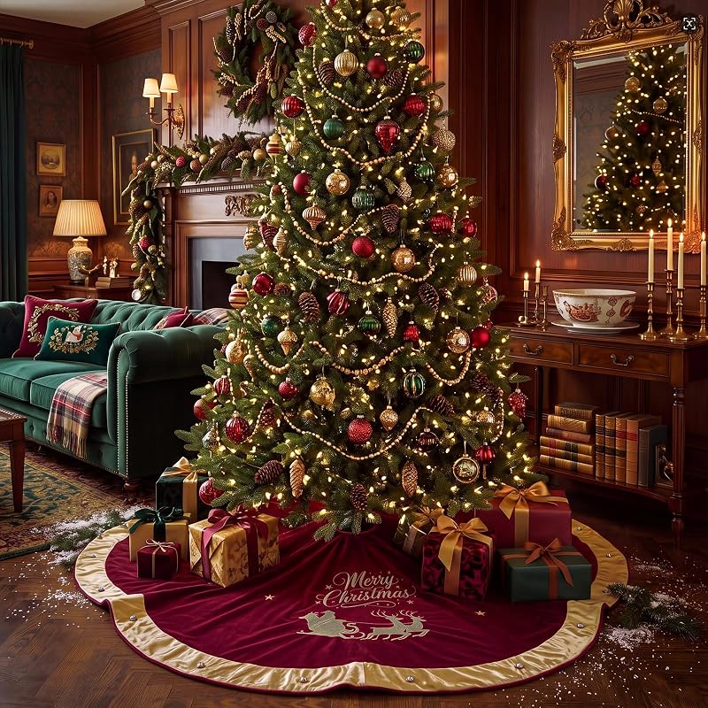 72 Inch Velvet Christmas Tree Skirt with Santa Reindeer Embroidery - Burgundy Vintage Scallop