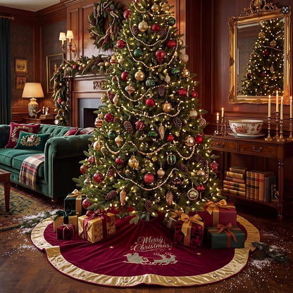 72 Inch Velvet Christmas Tree Skirt with Santa Reindeer Embroidery - Burgundy Vintage Scallop