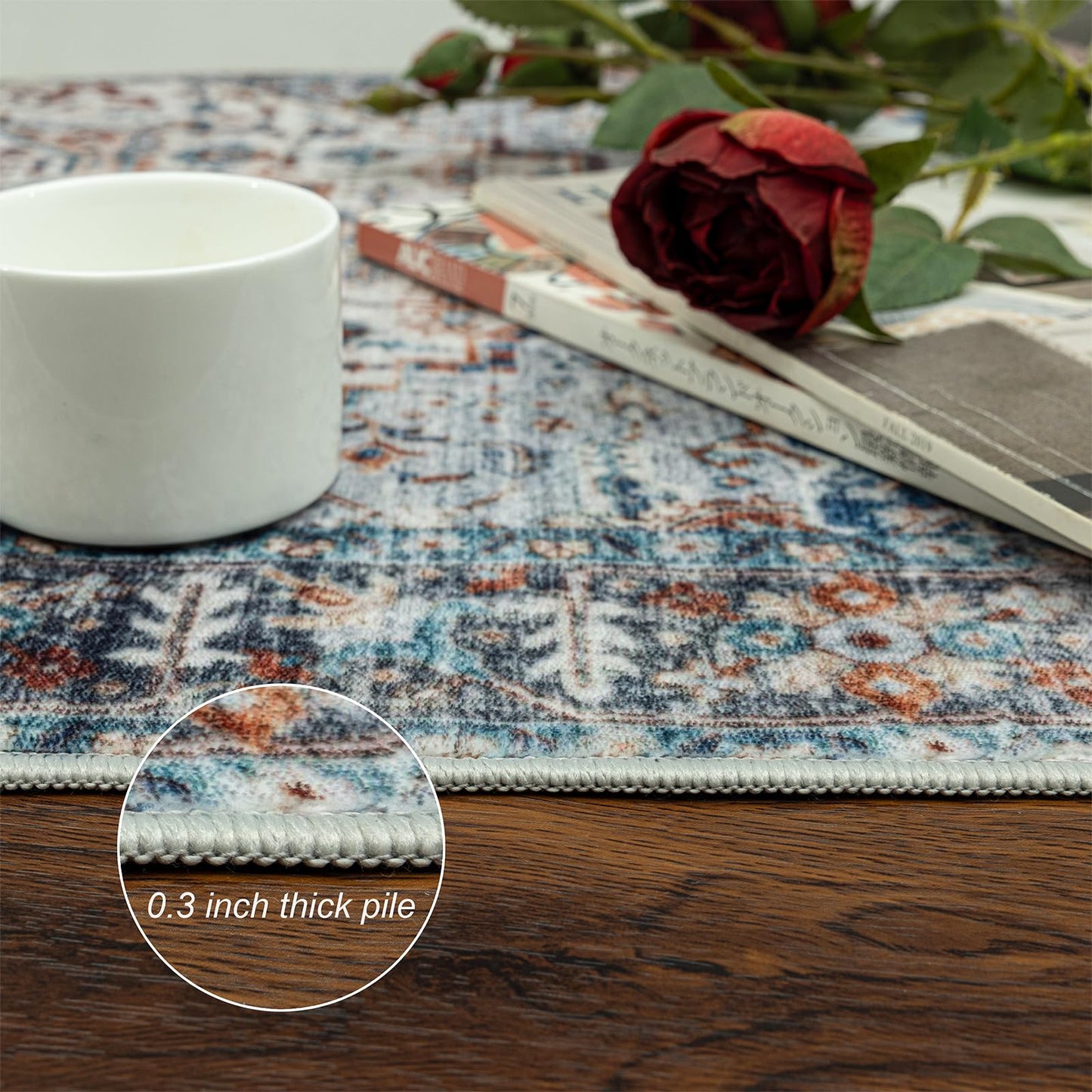 2x8 Hallway Washable Runner Rug : Vintage Soft Kitchen Bathroom Laundry Runner Non Slip Backing Farmhouse Entryway Floor Mat Stain Resistant Carpet for Bedroom Living Room Distressd Beside Rug(Blue)