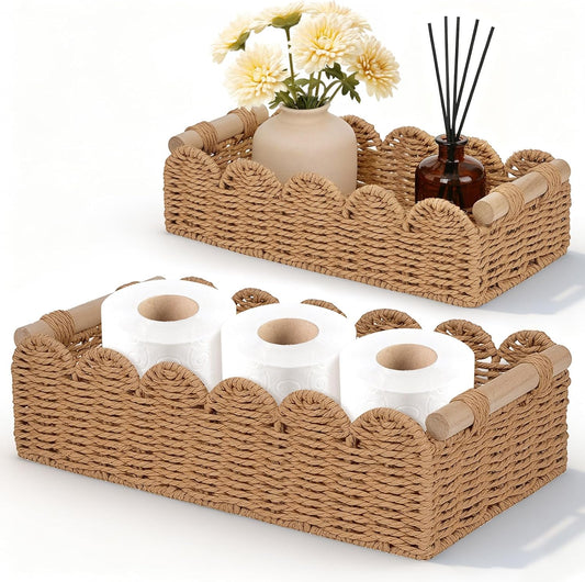 Regine Switzerland Set of 2 Paper Rope Baskets - Scalloped Edge Storage for Bathroom & Living Room | Neutral Color with Wooden Handles