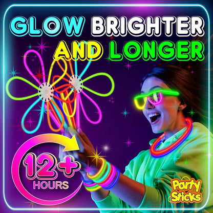 PartySticks Ultra Bright Glow Sticks - Glow in The Dark Party Supplies with Glasses, Bracelets & Connectors | Perfect for Halloween & 4th of July