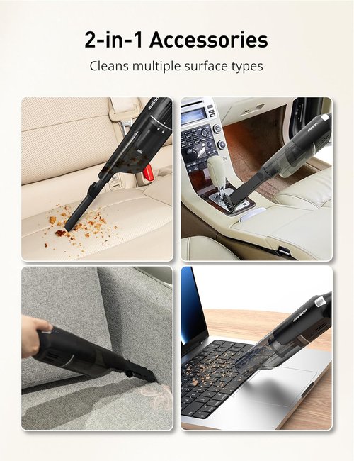 Aspiron Cordless Handheld Vacuum - 24KPA Powerful Car Vacuum with 2-Speed & Wireless Charger | Ergonomic Design, Portable, Black Grey