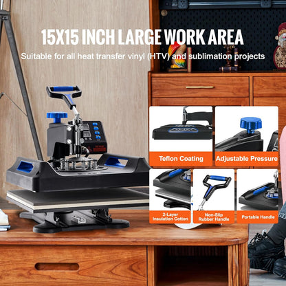 VEVOR 5 in 1 Heat Press Machine - 15x15 Inch Digital Control for T-Shirt, Hat, Mug & Plate Sublimation | Blue