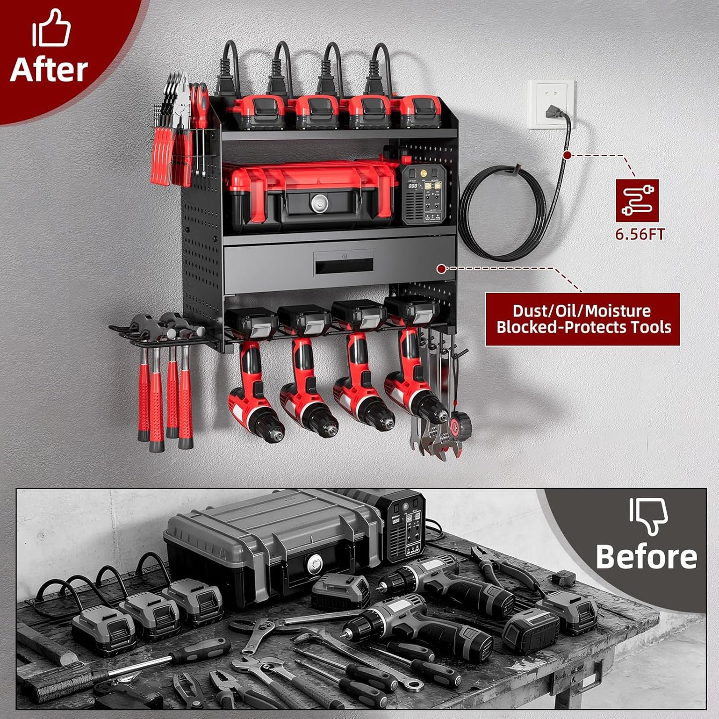 Power Tool Organizer - Heavy Duty Wall Mount Storage Rack | 130 lbs Capacity, 4 Layers, 6 Drill Holders