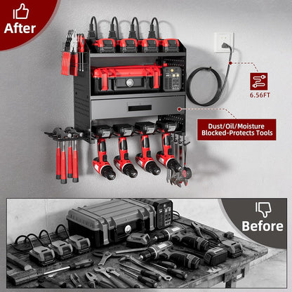 Power Tool Organizer - Heavy Duty Wall Mount Storage Rack | 130 lbs Capacity, 4 Layers, 6 Drill Holders
