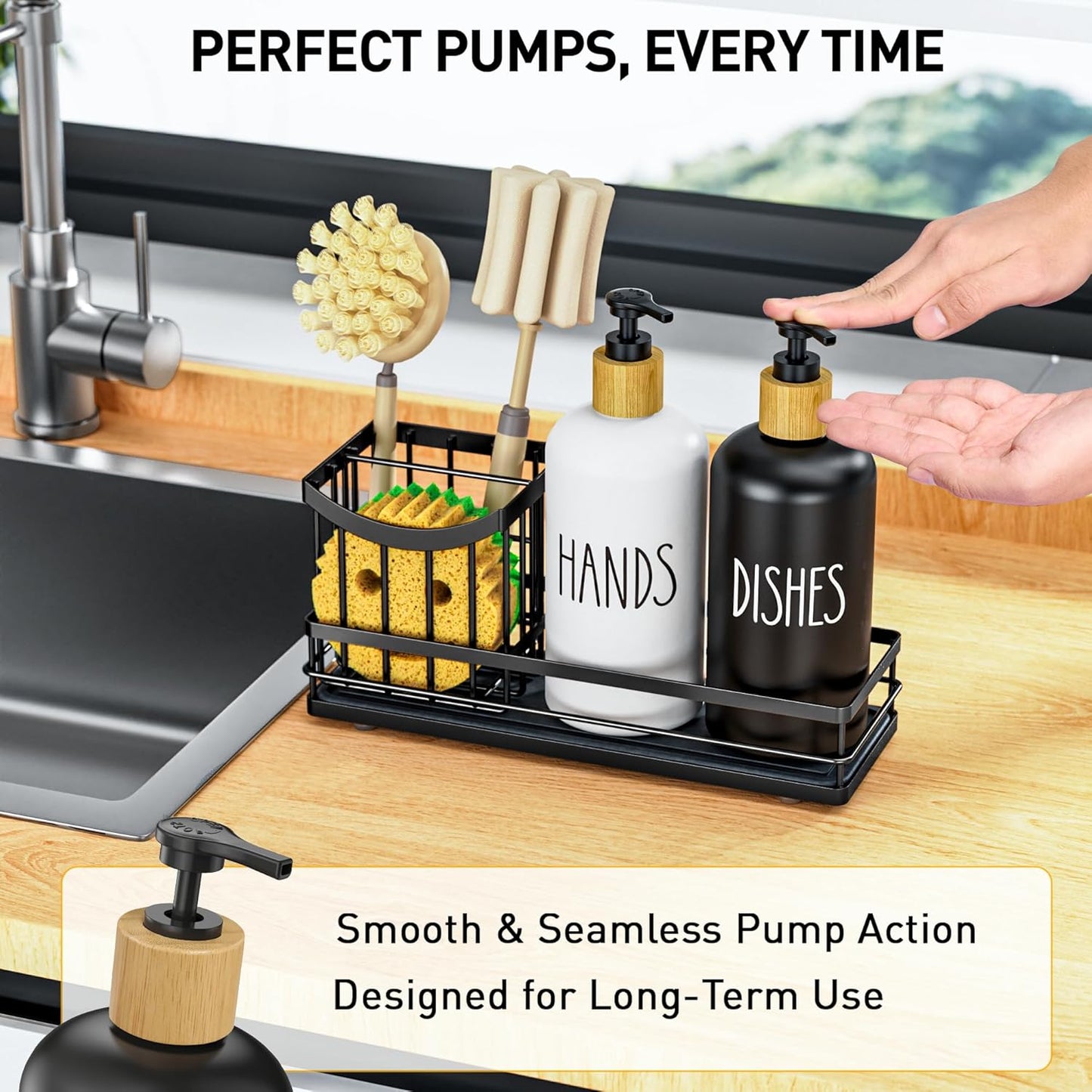 Moforoco Kitchen Dish Soap Dispenser Set - 16oz Glass Bottle with Non-Slip Silicone Pad & Brush Holder