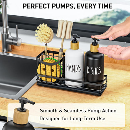 Moforoco Kitchen Dish Soap Dispenser Set - 16oz Glass Bottle with Non-Slip Silicone Pad & Brush Holder