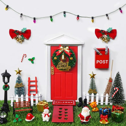 Celltestria 39-Piece Red Christmas Elf Fairy Door Decoration Set | Miniature Figures & Wooden Doors for Dollhouses