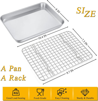 P&P CHEF Toaster Oven Pan Set - 10.4 Inch Stainless Steel Baking Tray with Cooling Rack | Dishwasher Safe, Non-Toxic & Durable