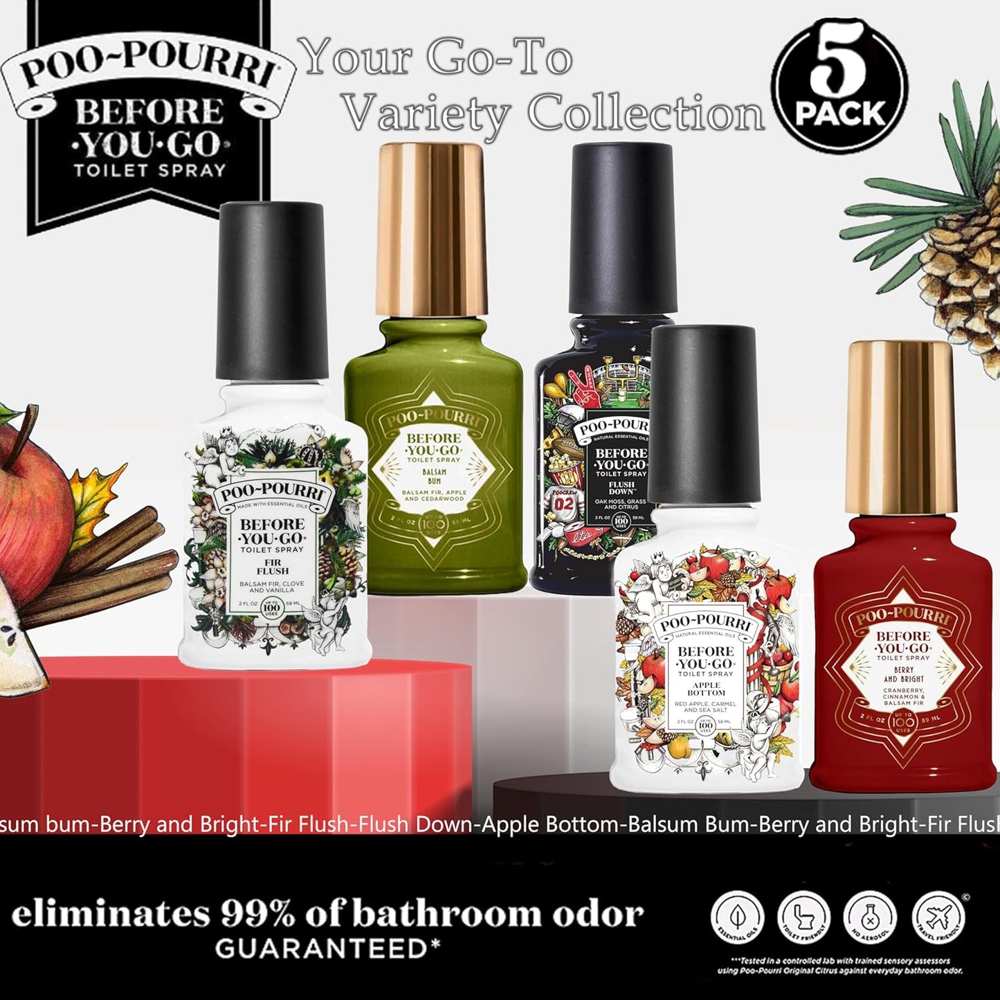 Poo-Pourri Toilet Spray Set - 5 Pack of 2 oz Bottles in Peaches & Cream, Berry & Bright, Balsam Bum