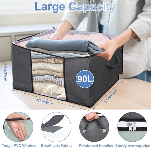 BiCINE 90L Large Clothes Storage Bags - Foldable Blanket & Comforter Bins with Clear Window | Ideal for Bedding, Pillows & Sweaters