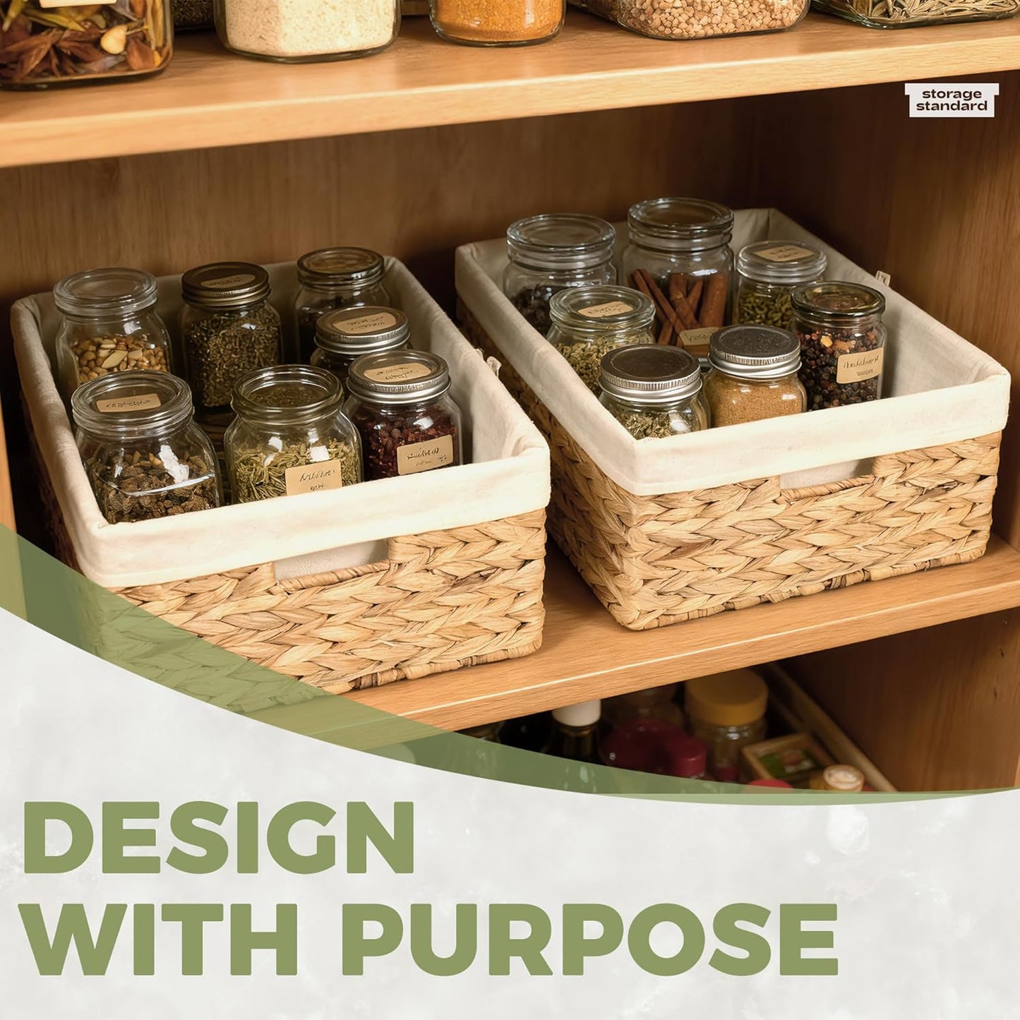 Wicker Shelf Storage Baskets - Natural Water Hyacinth Organizers with Handles & Cotton Liner | Large 15” x 12” x 6”