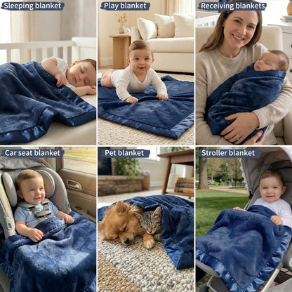 Pro Goleem Baby Boy Blanket - Super Soft Plush Fleece Receiving Blanket with Satin Trim | Cozy 30x40 Inch in Navy Blue