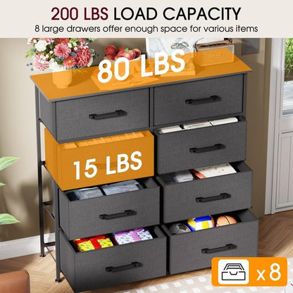 FDW 8-Drawer Fabric Dresser - Stylish Grey Storage Tower with Metal Frame & Wooden Top for Bedroom & Closet