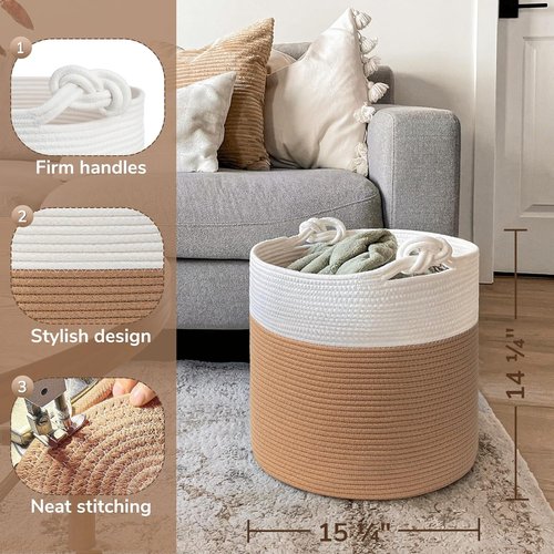 Goodpick Cotton Rope Storage Basket - 15 x 14.2 Inches | Jute Woven Organizer for Blankets & Toys, White