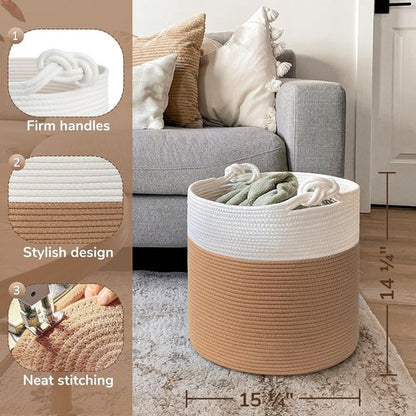 Goodpick Cotton Rope Storage Basket - 15 x 14.2 Inches | Jute Woven Organizer for Blankets & Toys, White