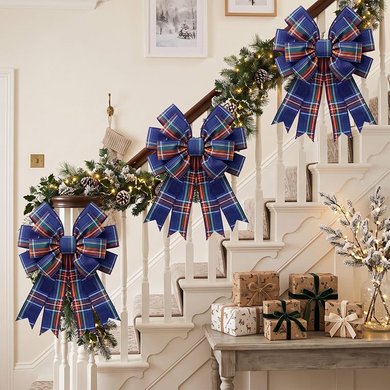 Navy Blue Plaid Wreath Bow, 17.7 x 14.5 in | Large Tartan Burlap Christmas Decor - Variation: Navy Blue