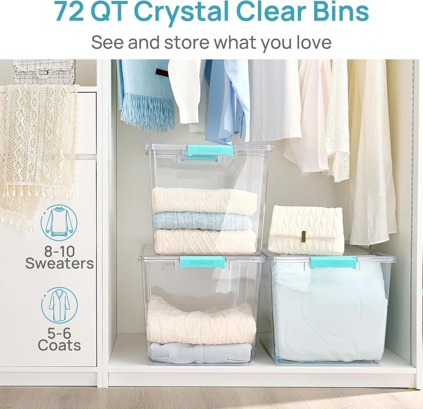 Vtopmart 72 QT Crystal Clear Storage Bins - 4 Pack Stackable Latching Containers for Closet Organization