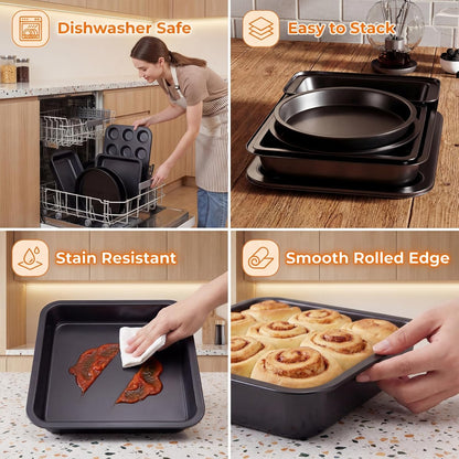 Skiennix Nonstick Baking Set - 6-Piece Bakeware Set with Roasting Pan, Cookie Sheet & More | Oven & Dishwasher Safe Carbon Steel
