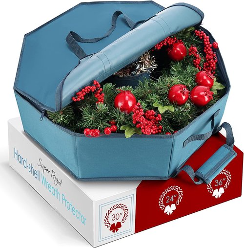 Hearth & Harbor Wreath Storage Container - Hard Shell Christmas Wreath Storage Bag with Interior Pockets, Dual Zipper and Handles - 30"