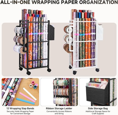 Aquzee Gift Wrapping Paper Organizer - Vertical Storage Cart with 9 Adjustable Rods & 12 PCS Slap Bands - Black