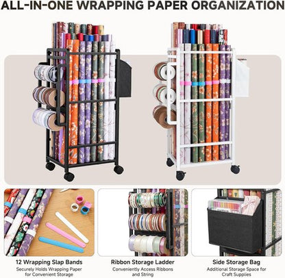 Aquzee Gift Wrapping Paper Organizer - Vertical Storage Cart with 9 Adjustable Rods & 12 PCS Slap Bands - Black