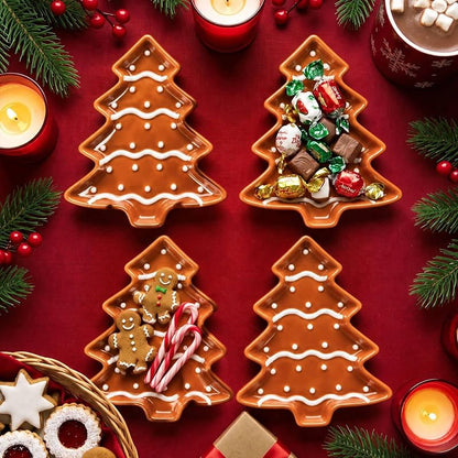 FillTouch 4 Pcs 5.9'' Christmas Gingerbread Tree Ceramic Plates - Brown