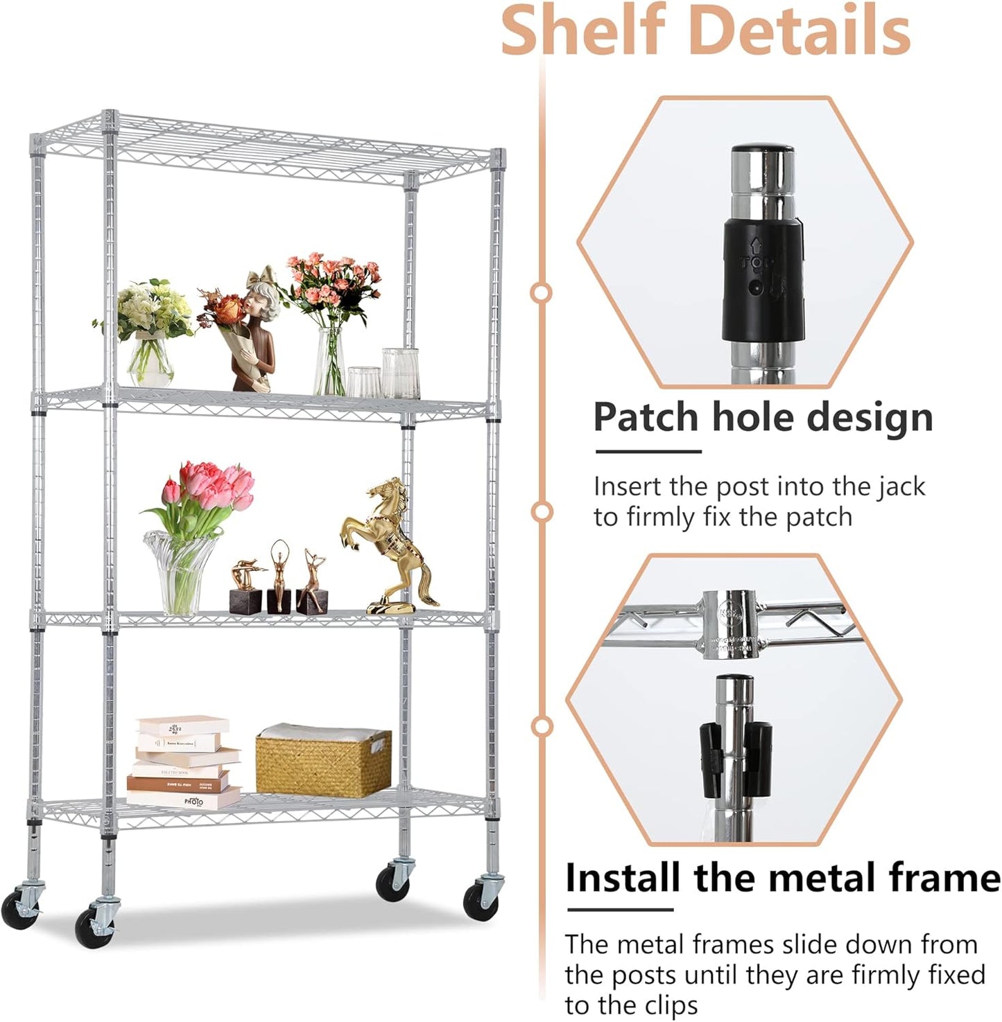 BestOffice 4-Tier Wire Storage Shelves with Wheels - Heavy-Duty Metal, Adjustable Racks | 36x14x62 | Chrome Finish, Holds Up to 500 lbs | Easy No-Tool Assembly for Home & Garage